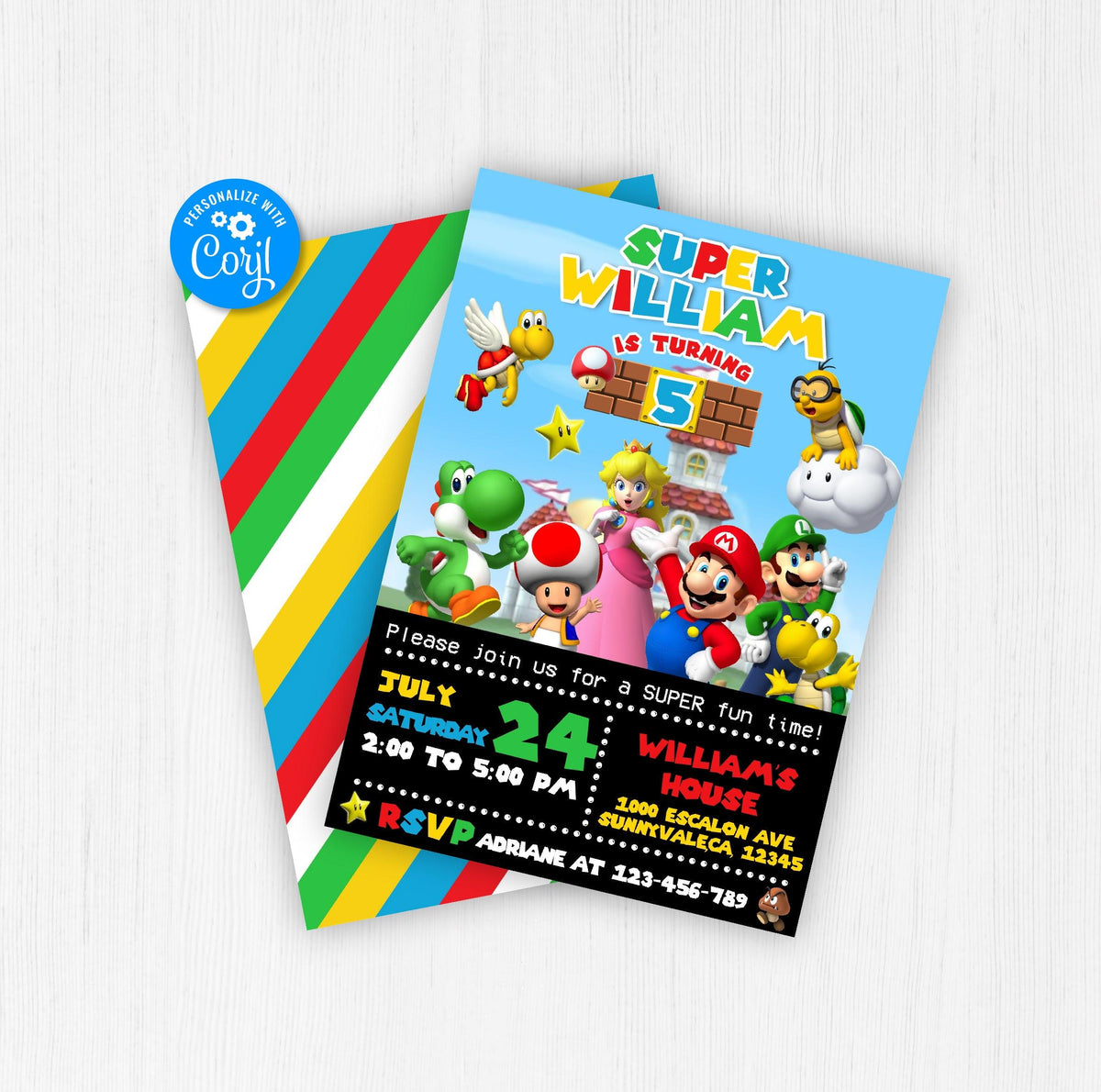 Super Mario Birthday Invitation, Personalized Super Mario