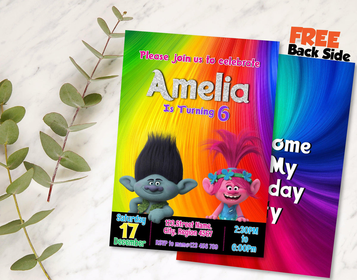Trolls Birthday Girl Party Invitation Party Editable Template