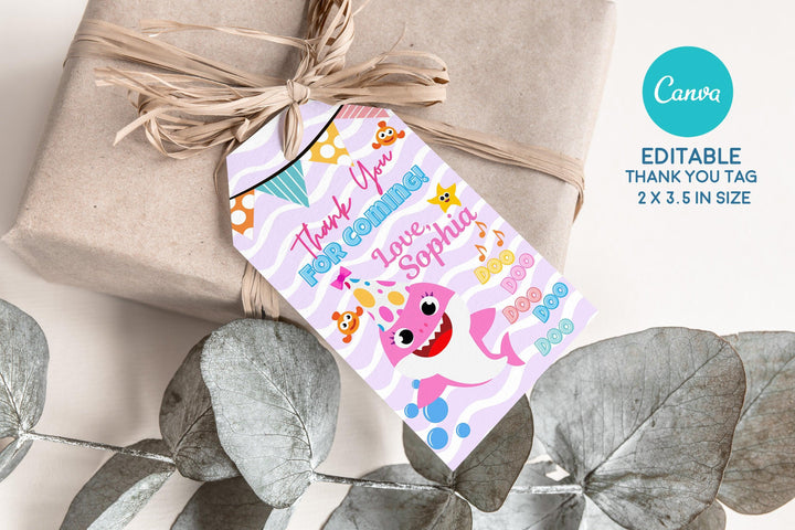 Pink Baby Shark Birthday Party Invitation - Editable and Printable - Phone Invite - Thanks tag - Canva Template - Instant download - kidszoneparty