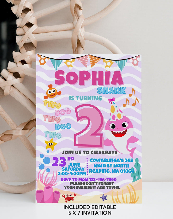 Pink Baby Shark Birthday Party Invitation - Editable and Printable - Phone Invite - Thanks tag - Canva Template - Instant download - kidszoneparty