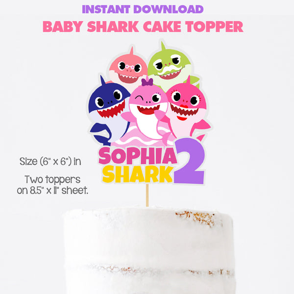 Pink Baby Shark Cake topper Template – Editable Birthday Decoration