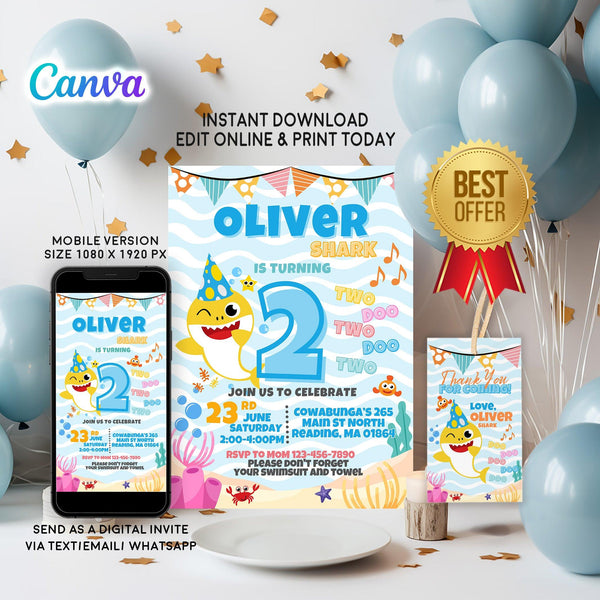 Baby Shark Birthday Party Invitation - Editable and Printable - Phone Invite - Thanks tag - Canva Template - Instant download - kidszoneparty