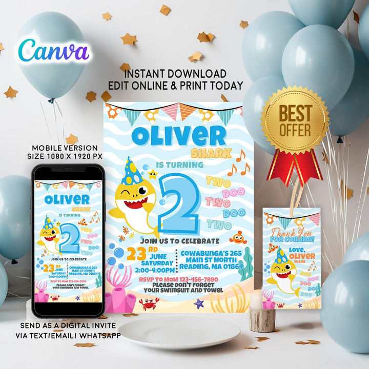 Baby Shark Birthday Party Invitation - Editable and Printable - Phone Invite - Thanks tag - Canva Template - Instant download - kidszoneparty