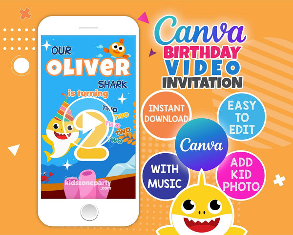Baby Shark Video Invitation - Baby Shark Phone Invite - Editable and instant downloadable -Canva Template - kidszoneparty