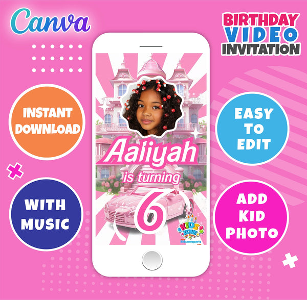 Barbie Dark Skin Birthday Video Invitation,  Editable and instant downloadable, Canva Template