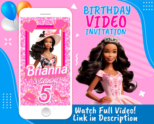 Dark Skin Barbie Video Invitation | Barbie Birthday Party Animated Invitation