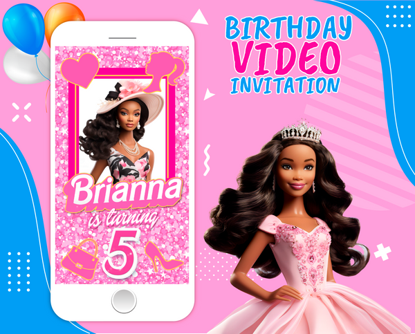 Stylish Brown Skin Doll Birthday Video Invitation – Pink & Glam Animated Invite for Girls