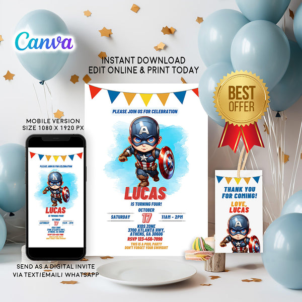 Captain America Birthday Party Invitation - Editable and Printable - Phone Invite - Thanks tag - Canva Template - Instant download - kidszoneparty