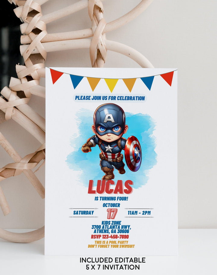 Captain America Birthday Party Invitation - Editable and Printable - Phone Invite - Thanks tag - Canva Template - Instant download - kidszoneparty