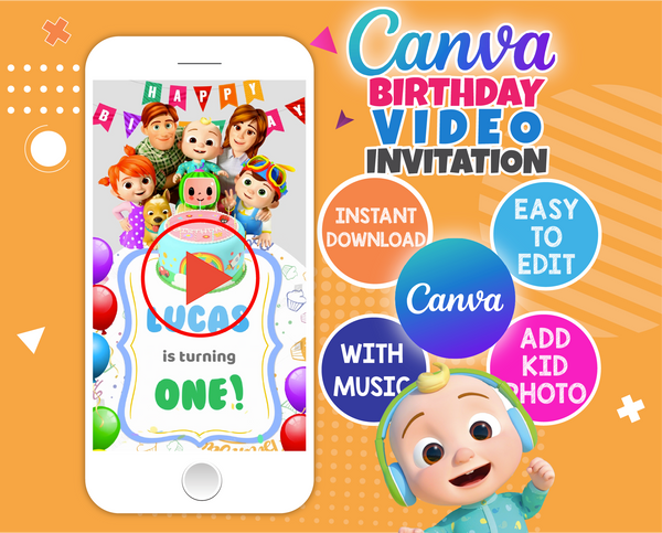 Cocomelon Video Invitation for Kids | Editable in Canva | Instant Download