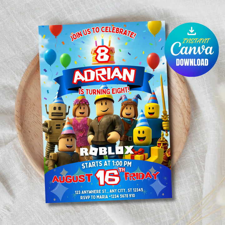 Custom Roblox gaming birthday invitation editable Canva design instant digital download template