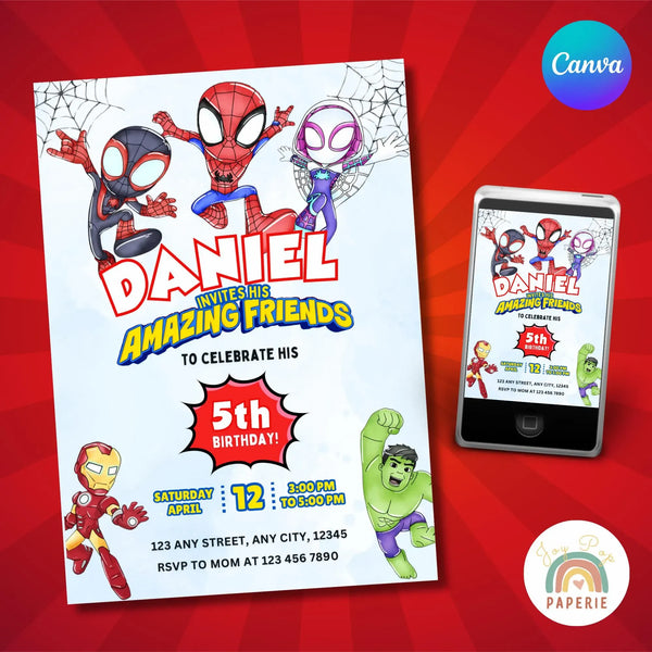 spidey invitation, spidey birthday invite, spidey party template, spidey canva template, spidey digital invite, spidey phone invite, spidey thank you tag, spidey party printable, spidey editable invite, spidey birthday card, spidey and friends invite, superhero birthday invite, superhero party template, marvel heroes invitation, marvel birthday invite, marvel party template, kids birthday invitation, editable birthday invite, printable birthday invite, digital party invitation, boy birthday invitation, cart