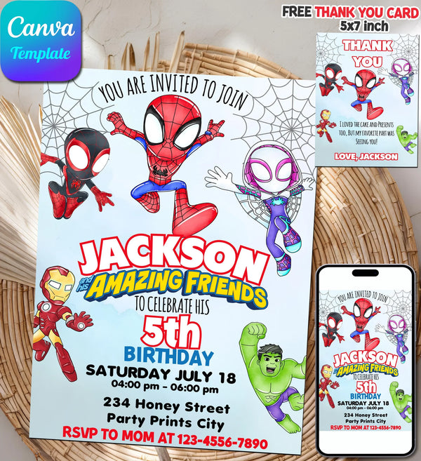 Spidey Birthday Invitation, Spidey and Friends Invite, Editable Spidey Birthday, Superhero Birthday Invitation, Spiderman Birthday Invite, Ghost Spider Invitation, Girl Spidey Birthday, Gwen Stacy Birthday Invitation, Miles Morales Birthday Invite, Hulk Birthday Invitation, Iron Man Birthday Invitation, Marvel Heroes Birthday Invite, Animated Spidey Invitation, Editable Superhero Party Invite, Kids Birthday Evite, Superhero Party Invitation, Editable Canva Invitation, Spidey Video Invitation, Digital Spidey