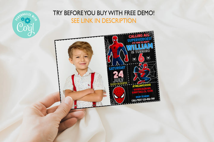 Editable Spiderman Birthday Invitation Spider-man Invite, Printable Birthday Card Party Invitation Digital Kids Party Invite Template-1
