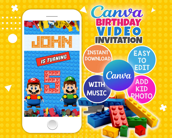 Building Blocks Birthday Video Invitation | Editable and instant downloadable | Canva Template