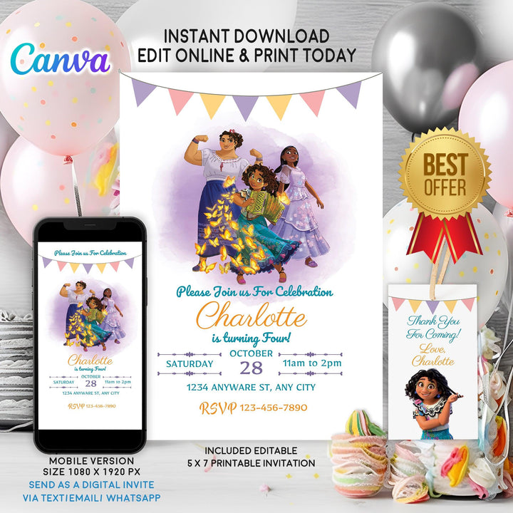 Encanto Birthday Invitation Template - Encanto Mirabel Invitation - Phone Invite - Thanks tag - Instant download - Canva Template - kidszoneparty