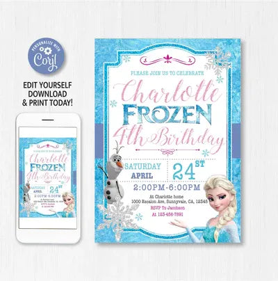 Frozen Birthday Invitation Template | Elsa Anna Birthday Party Invitation | Editable | Printable | Instant Download