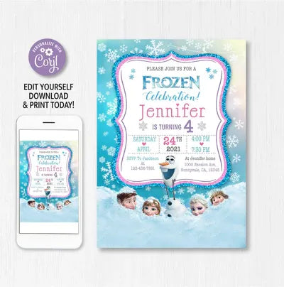 Frozen Birthday Invitation Template | Elsa Anna Birthday Party Invitation | Editable | Printable | Instant Download