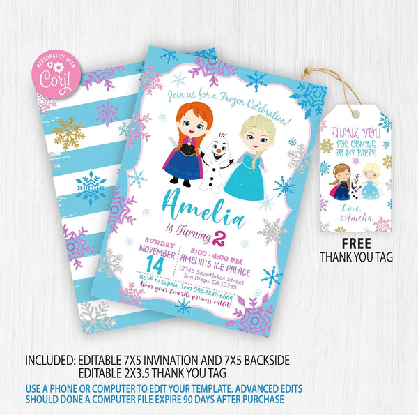 Frozen Birthday Invitation Template | Elsa Anna Birthday Party Invitation | Editable | Printable | Instant Download