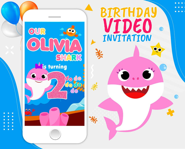 Pink Baby Shark Video Invitation, Girl Baby Shark Video Invitation With Music - kidszoneparty