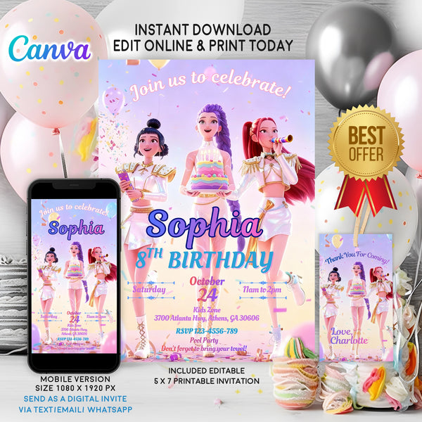 KPOP Demon Hunters Invitation, Free Thank you tag, Phone Invitation, EDITABLE K Pop Birthday Invitation, Editable Canva Template