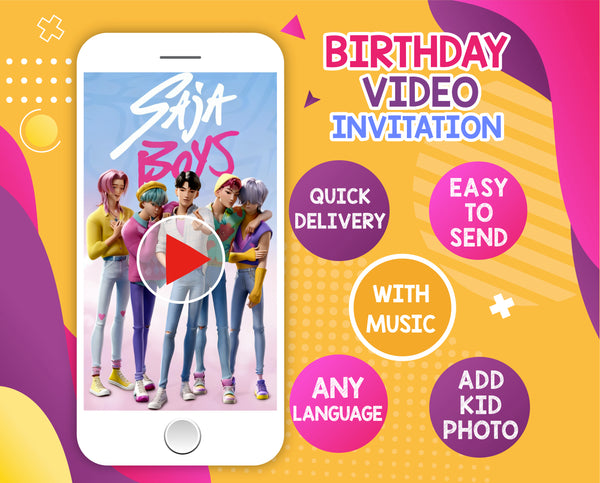 KPop Demon Hunters birthday party video invitation, Huntrix and Saja boys digital animated personalized invite for girl and boy