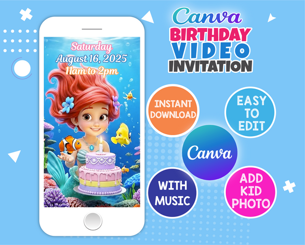 Mermaid Birthday Party Video Invitation – Editable Canva Template