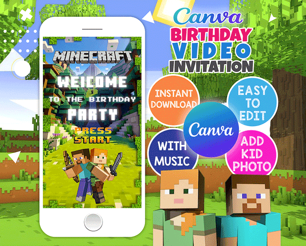 Minecraft Video Invitation | Editable and instant downloadable | Canva Template | With Music