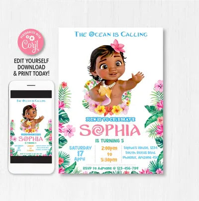 Moana Birthday Invitation Template | Editable | Printable | Instant Download