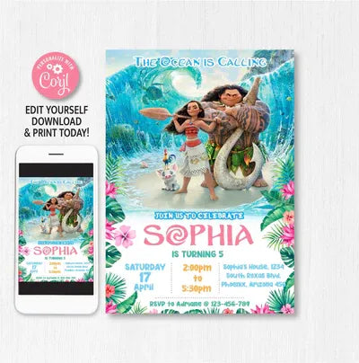 Moana Birthday Invitation Template | Editable | Printable | Instant Download