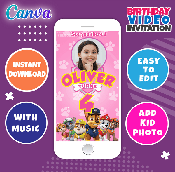 PINK Paw Patrol Video Invitation - Paw Patrol Video Invitation For Gil - Editable and instant downloadable - Canva Template - With Music - kidszoneparty