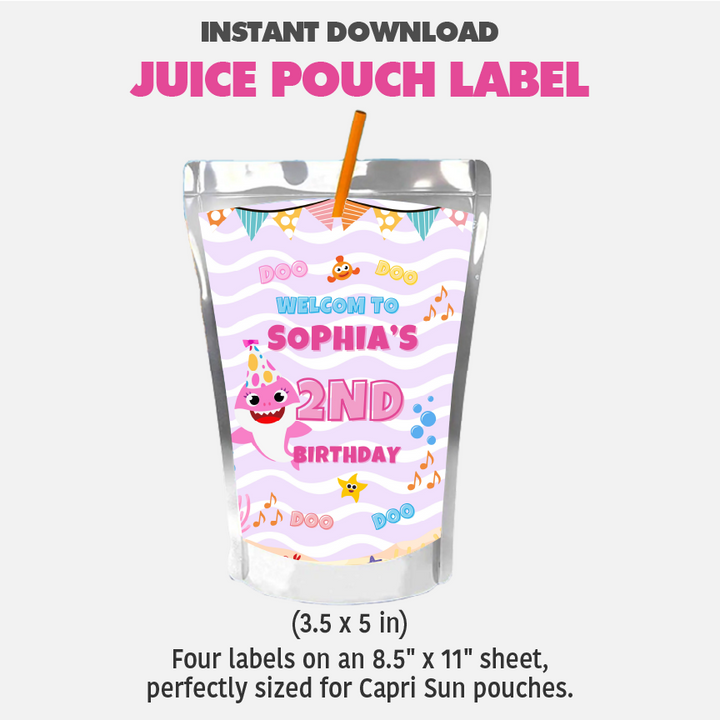 Pink Baby Shark Juice Pouch Label Template – Editable Birthday Decoration