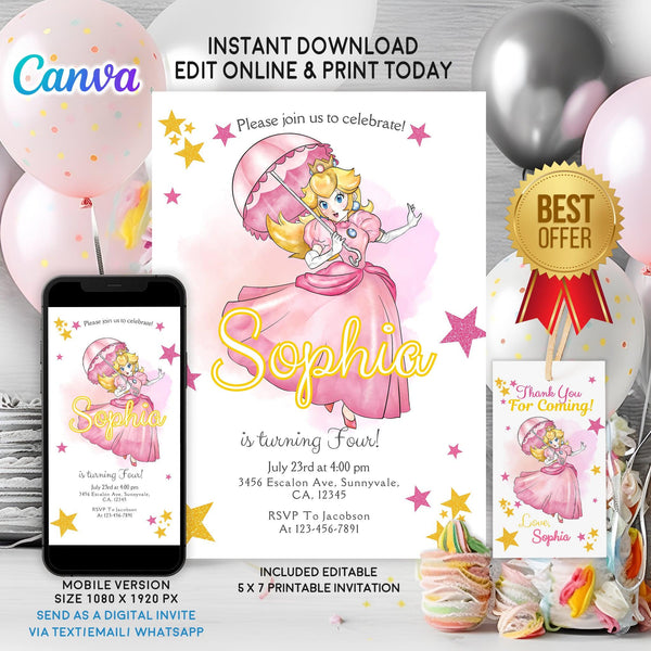 Princess Peach Birthday Invitation Template - Super Mario Digital Invitation - Phone Invite - Thanks tag - Instant download - Canva Template - kidszoneparty