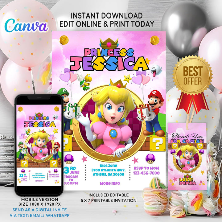 Princess Peach Birthday Invitation Template - Super Mario Digital Invitation - Phone Invite - Thanks tag - Instant download - Canva Templat - kidszoneparty