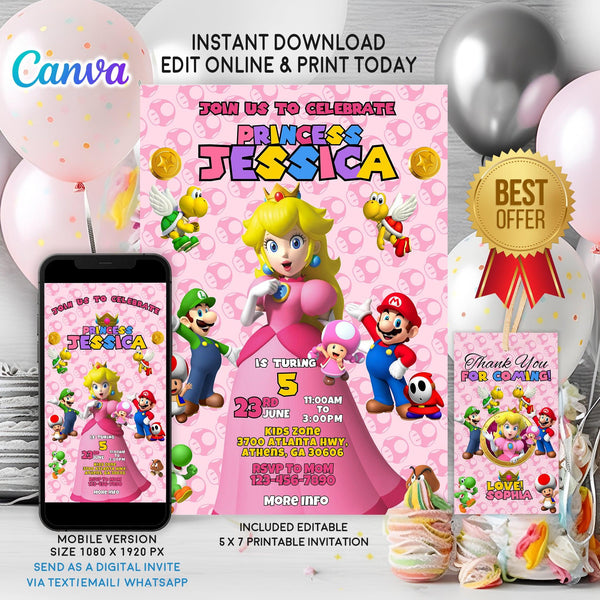 Princess Peach Birthday Invitation Template - Super Mario Digital Invitation - Phone Invite - Thanks tag - Instant download - Canva Templat - kidszoneparty