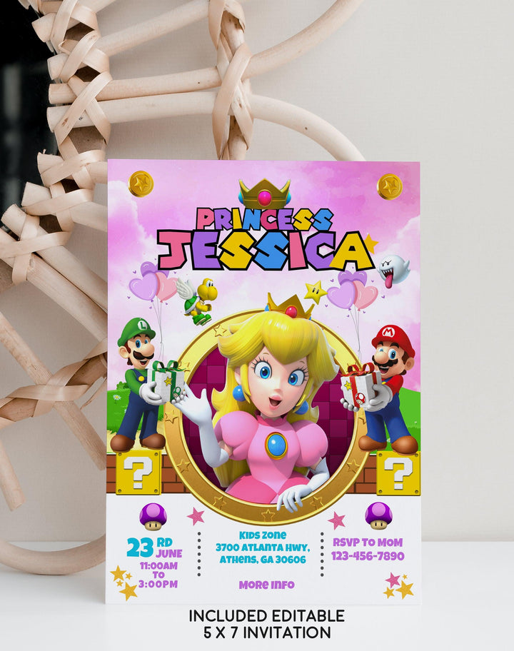 Princess Peach Birthday Invitation Template - Super Mario Digital Invitation - Phone Invite - Thanks tag - Instant download - Canva Templat - kidszoneparty