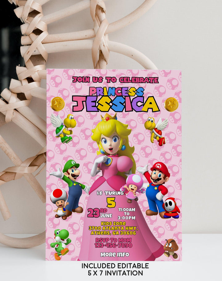 Princess Peach Birthday Invitation Template - Super Mario Digital Invitation - Phone Invite - Thanks tag - Instant download - Canva Templat - kidszoneparty