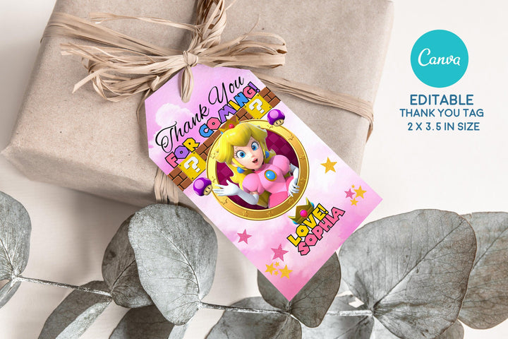 Princess Peach Birthday Invitation Template - Super Mario Digital Invitation - Phone Invite - Thanks tag - Instant download - Canva Templat - kidszoneparty