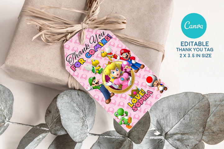 Princess Peach Birthday Invitation Template - Super Mario Digital Invitation - Phone Invite - Thanks tag - Instant download - Canva Templat - kidszoneparty