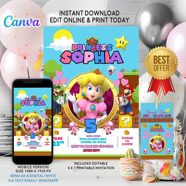 Princess Peach Birthday Invitation Template - Super Mario Digital Invitation - Phone Invite - Thanks tag - Instant download - Canva Template - kidszoneparty