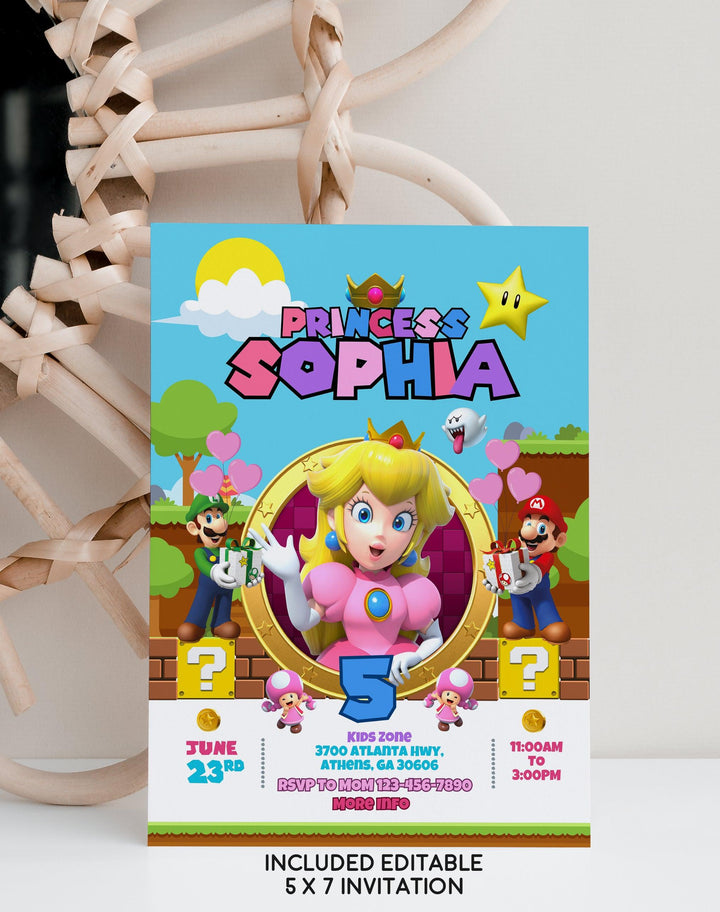 Princess Peach Birthday Invitation Template - Super Mario Digital Invitation - Phone Invite - Thanks tag - Instant download - Canva Template - kidszoneparty