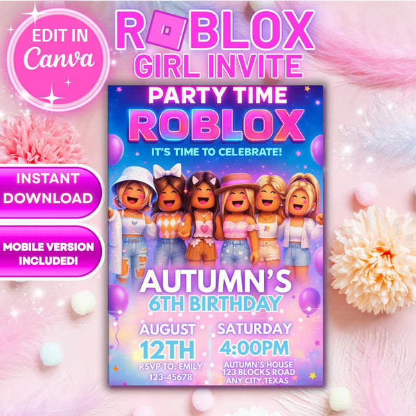 Customizable Roblox birthday invitation editable in Canva instant digital template