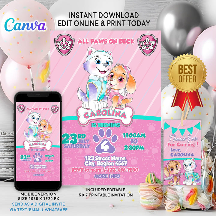 Paw Patrol Birthday Invitation Template For Girl - Skye and Everest Invitation - Phone Invite - Thanks tag - Instant download - Canva Template - kidszoneparty