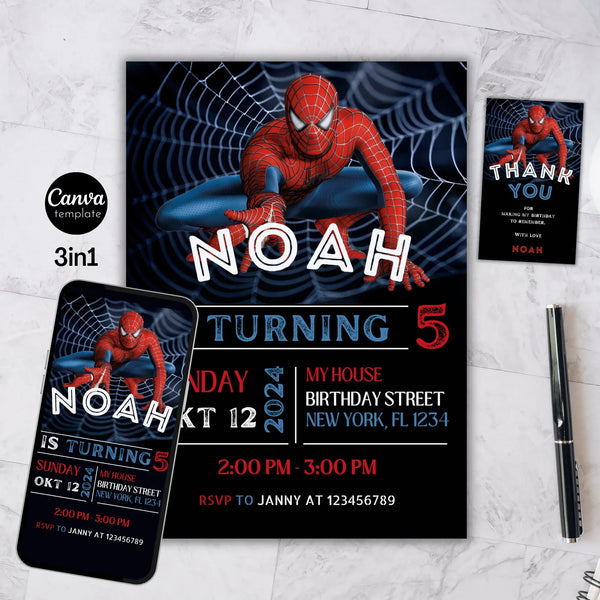Spider Man Invitation, Spider-man Boys Birthday Party Digital Invitation, Kids Birthday Card, Digital Download, Editable Template Canva