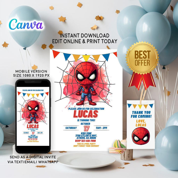 Spider Man Birthday Invitation Template - Marvel Heros Invitation - Phone Invite - Thanks tag - Instant download - Canva Template - kidszoneparty