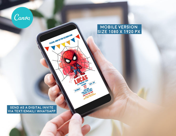 Spider Man Birthday Invitation Template - Marvel Heros Invitation - Phone Invite - Thanks tag - Instant download - Canva Template - kidszoneparty