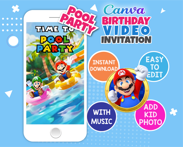 Super Mario Birthday Video Invitation | Mario Pool Party Animated Invite | Luigi, Peach, Yoshi & Friends | Editable Canva Template