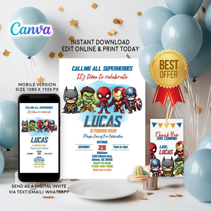 Marvel Birthday Invitation Template - SuperHeroes Invitation - Phone Invite - Thanks tag - Instant download - Canva Template - kidszoneparty