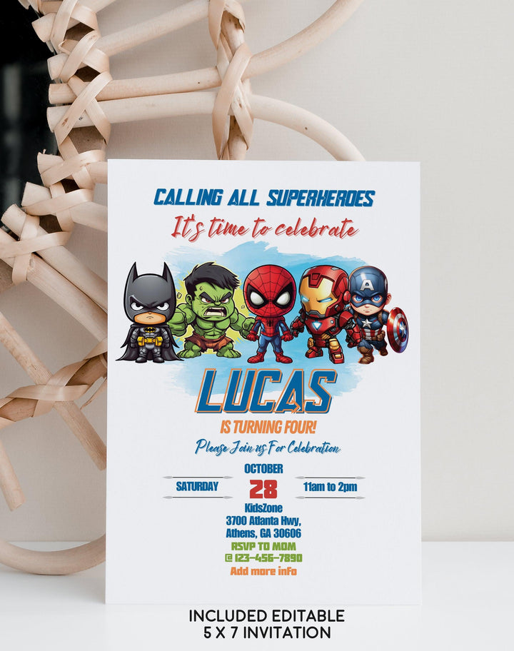 Marvel Birthday Invitation Template - SuperHeroes Invitation - Phone Invite - Thanks tag - Instant download - Canva Template - kidszoneparty