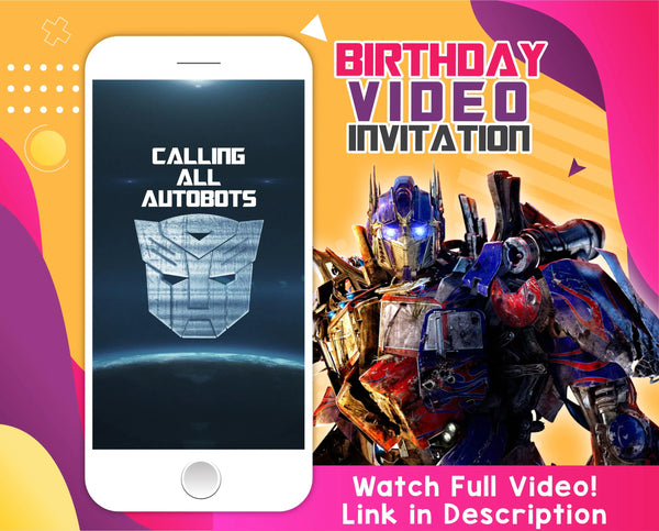 Transformers birthday party video invitation, Optimus Prime digital animated video invite for mobile, autobots invitation with music